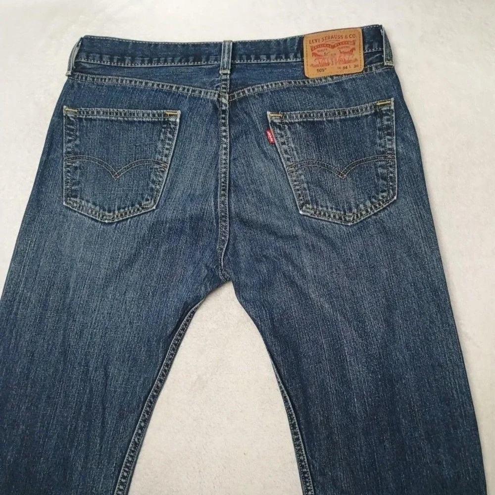 Levis 505 Jeans Mens 34x36 Blue Straight Medium Wash Denim 5-Pocket Distressed